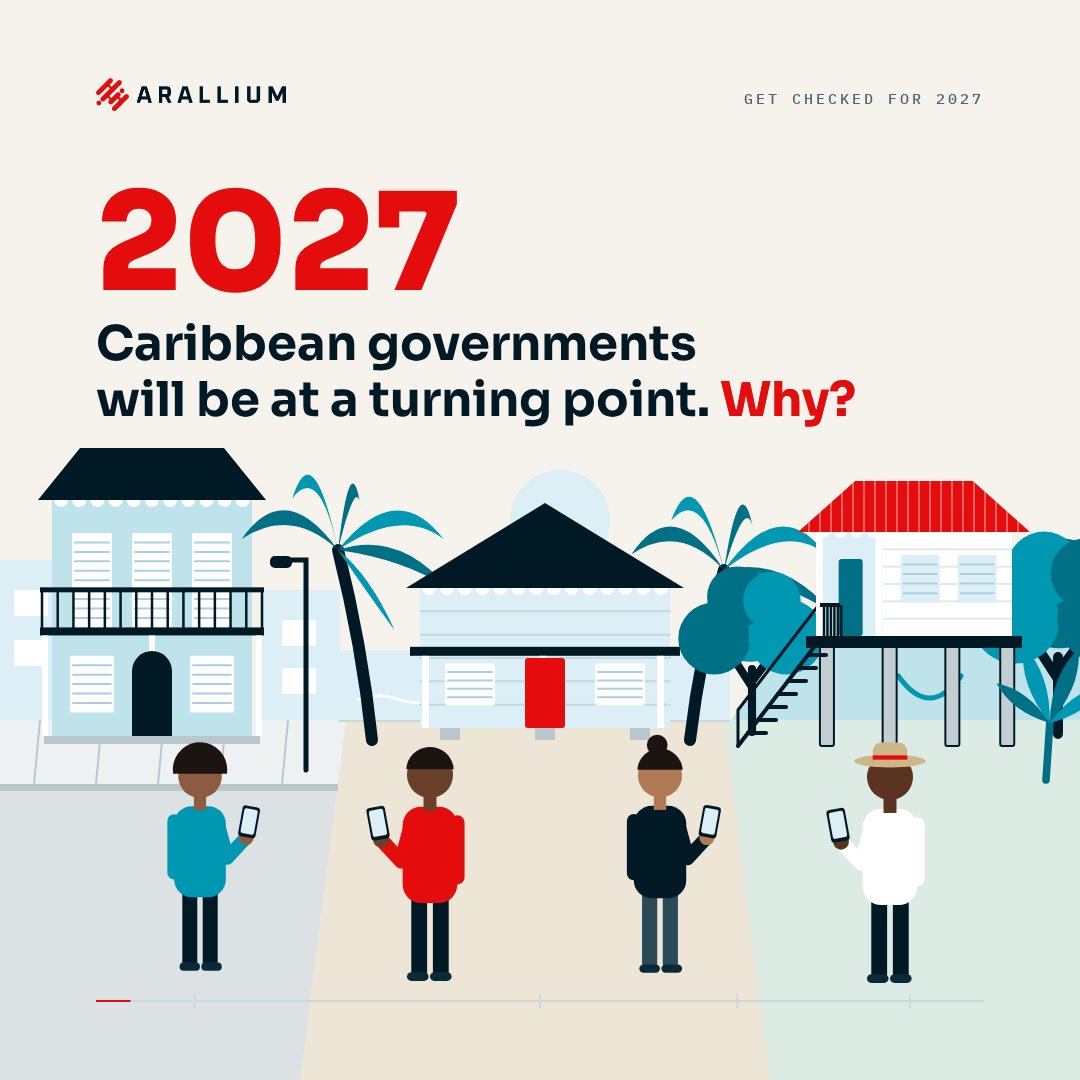 Illustrated Caribbean street scene with citizens holding phones outside government buildings, headed "2027: Caribbean governments will be at a turning point. Why?"