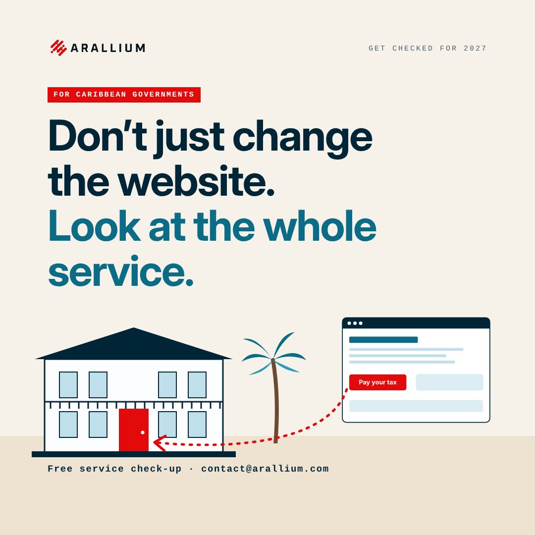 Illustration of a Caribbean government building and a "Pay your tax" web page, headed "Don't just change the website. Look at the whole service."